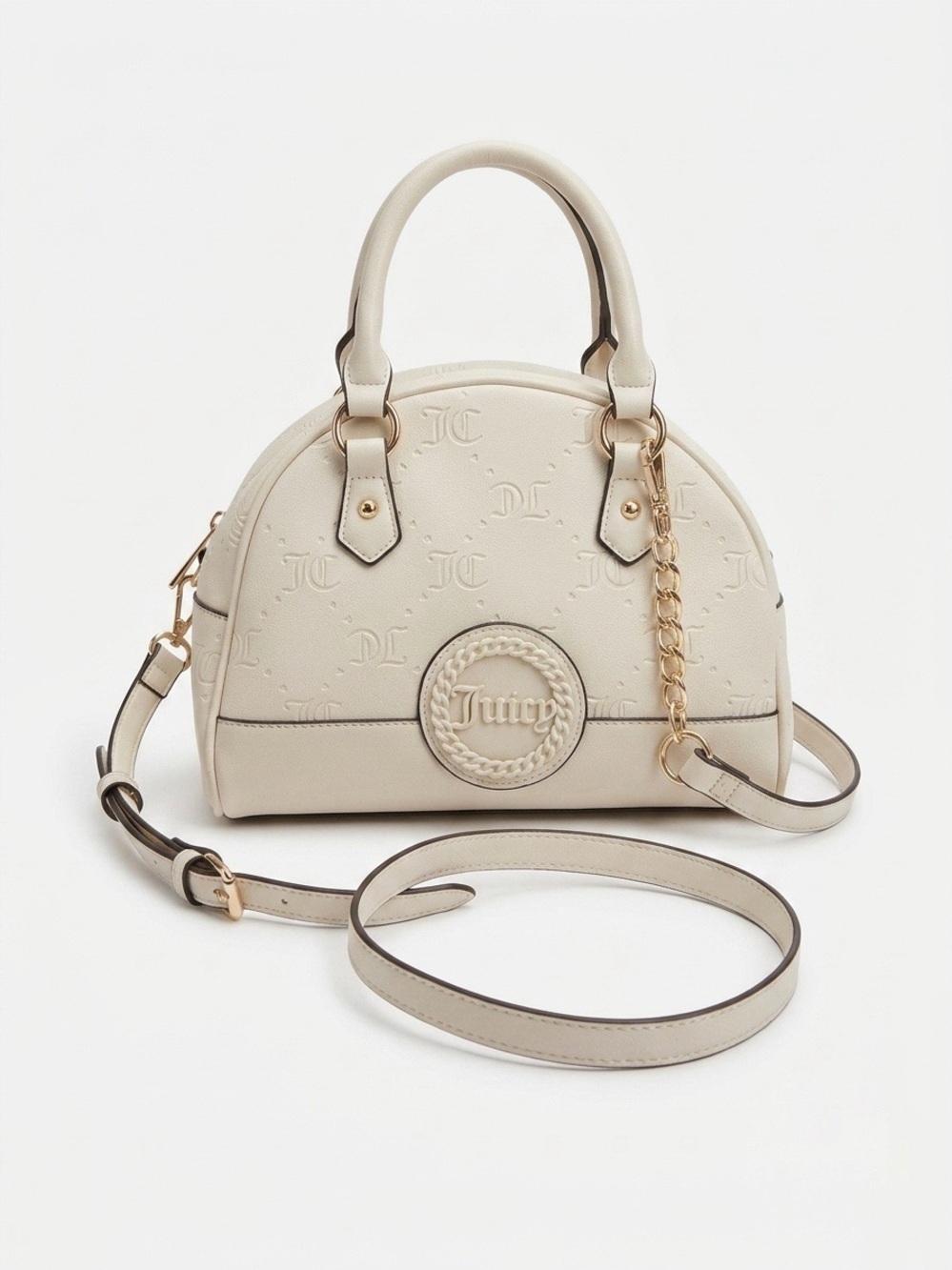 Juicy Couture Cream Monogram Dome Satchel with Gold Chain Accent - Picture 1 of 12